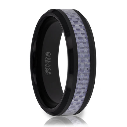 Black Ceramic Wedding Band with Purple Carbon Fiber Inlay