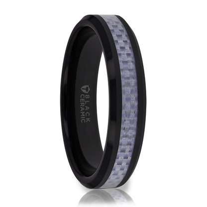 Black Ceramic Wedding Band with Purple Carbon Fiber Inlay