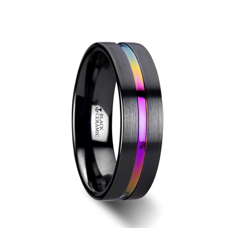 Black Ceramic Wedding Band with Rainbow Groove