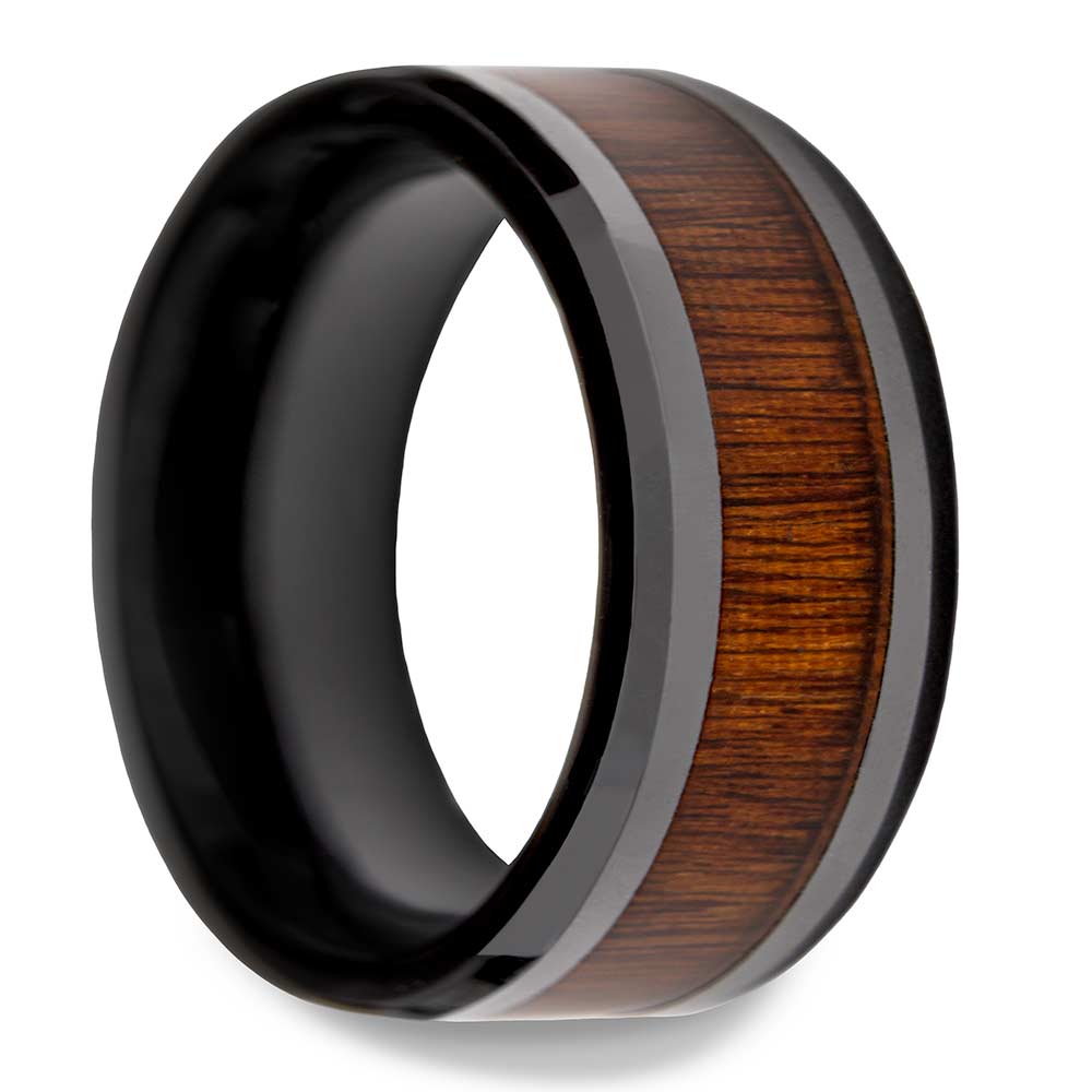 Black Ceramic Men's Wedding Band with Rosewood Inlay