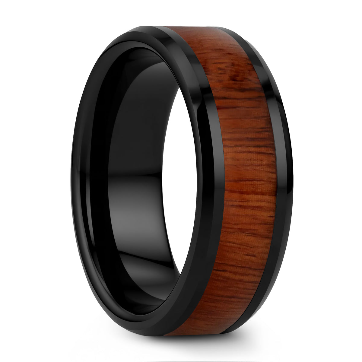 Black Ceramic Men's Wedding Band with Rosewood Inlay
