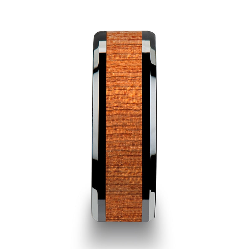 Black Ceramic Men's Wedding Band with Sapele Wood Inlay