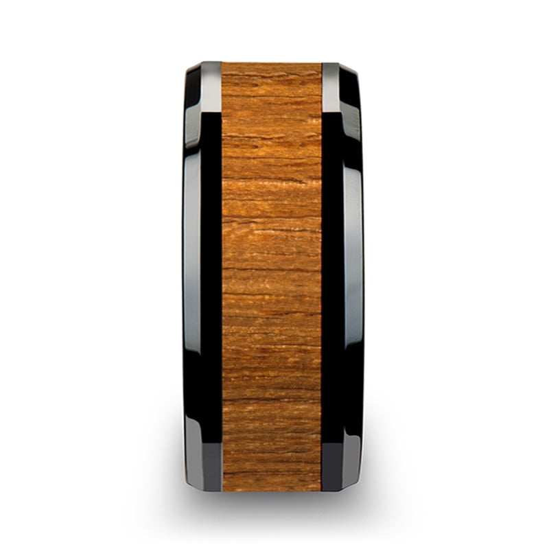 Black Ceramic Men's Wedding Band with Teak Wood Inlay