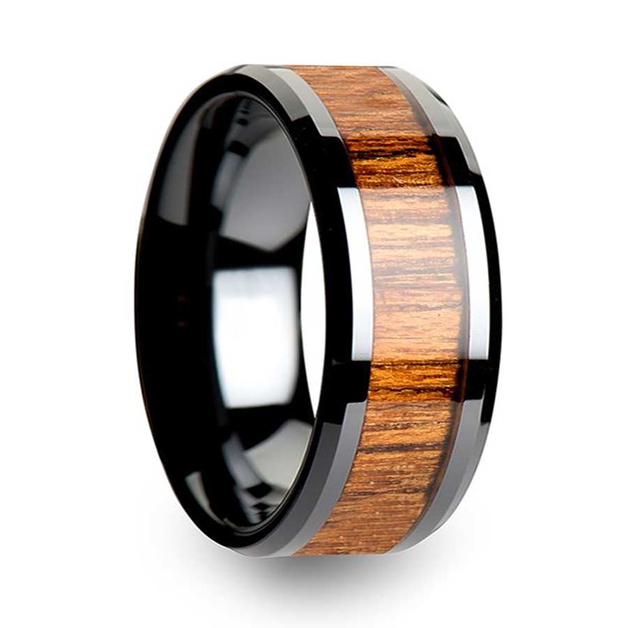 Black Ceramic Women's Wedding Band with Teak Wood Inlay