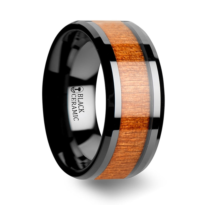 Black Cherry Wood Inlaid Black Ceramic Couple's Matching Wedding Band Set