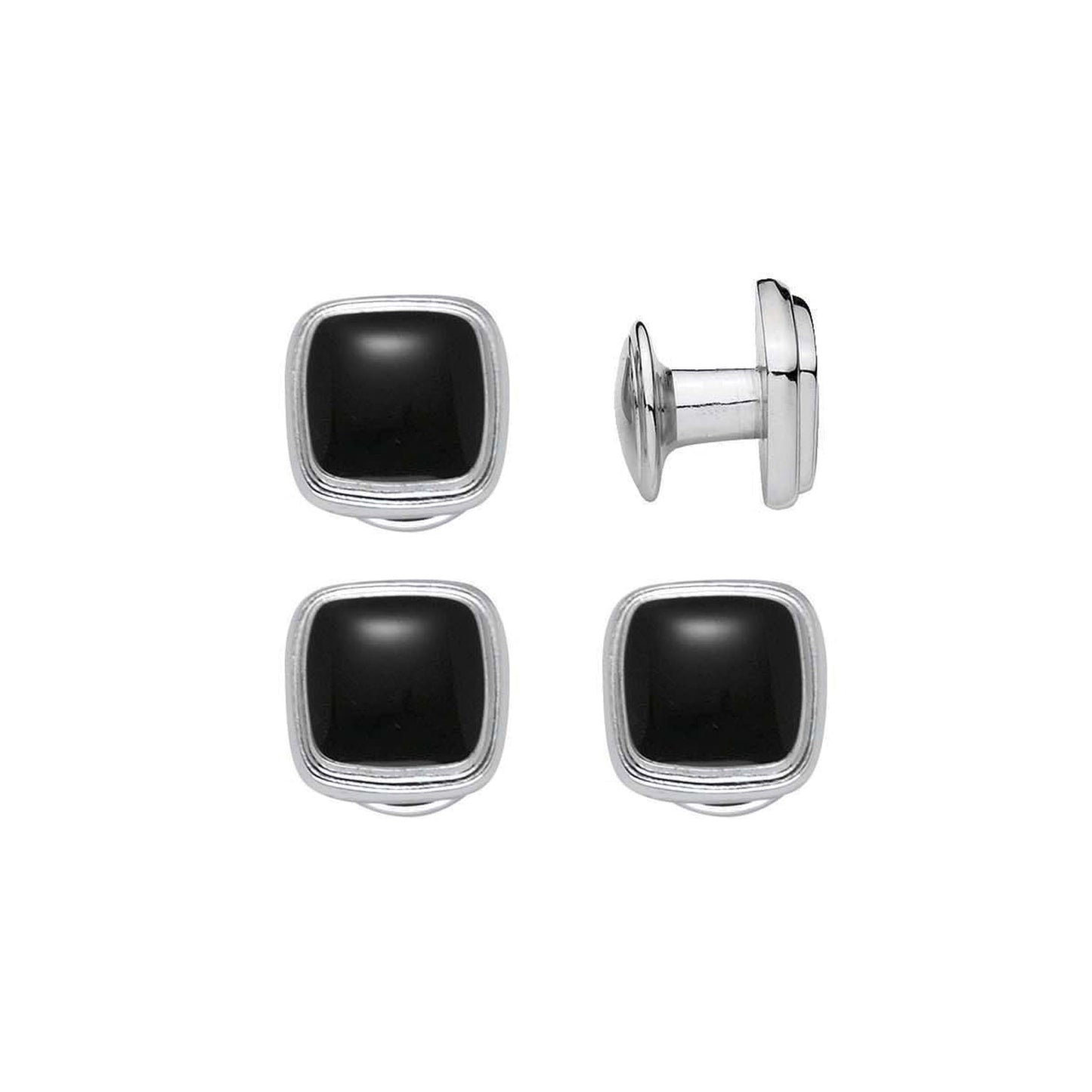 A black cushion shape four piece stud set displayed on a neutral white background.