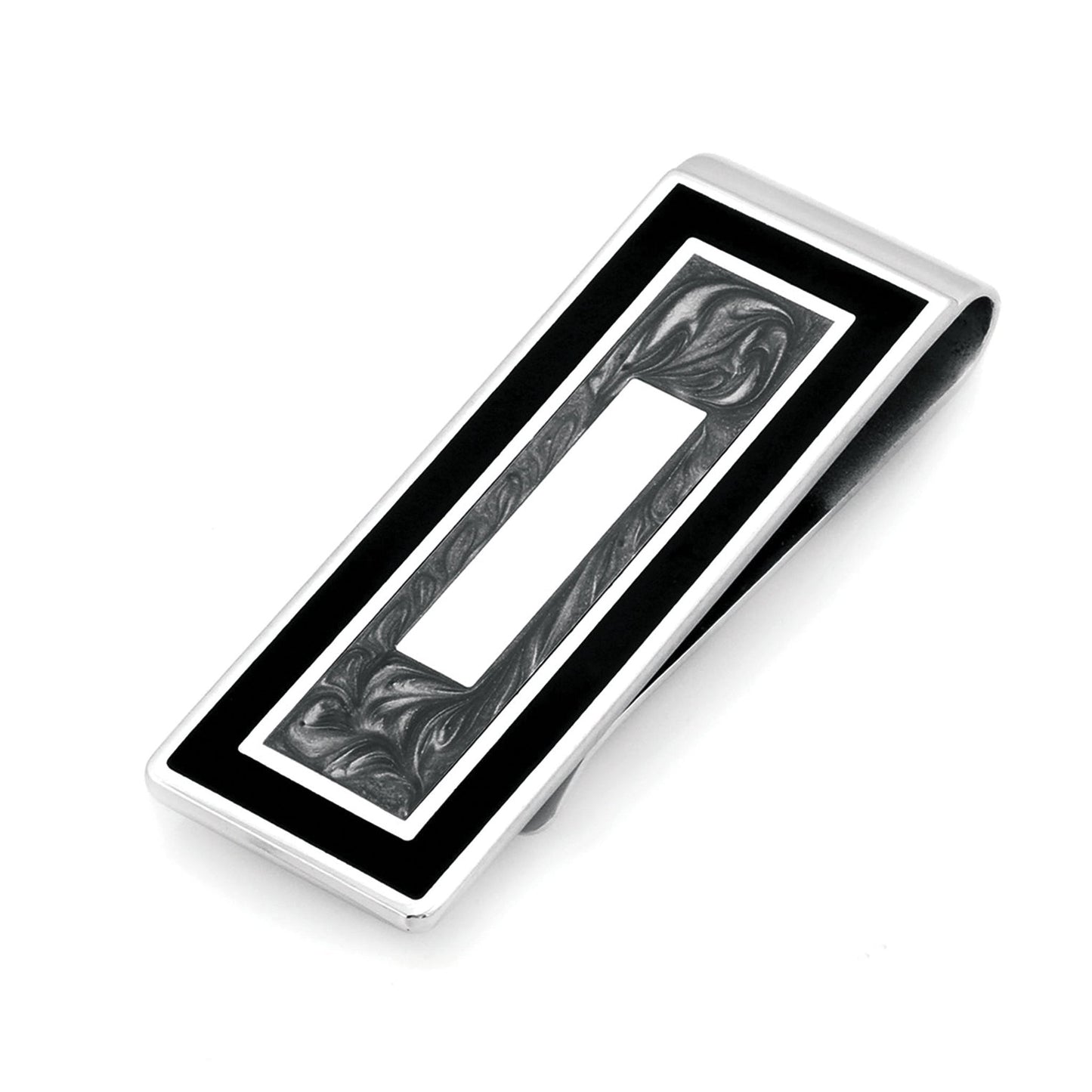 A black & grey money clip displayed on a neutral white background.