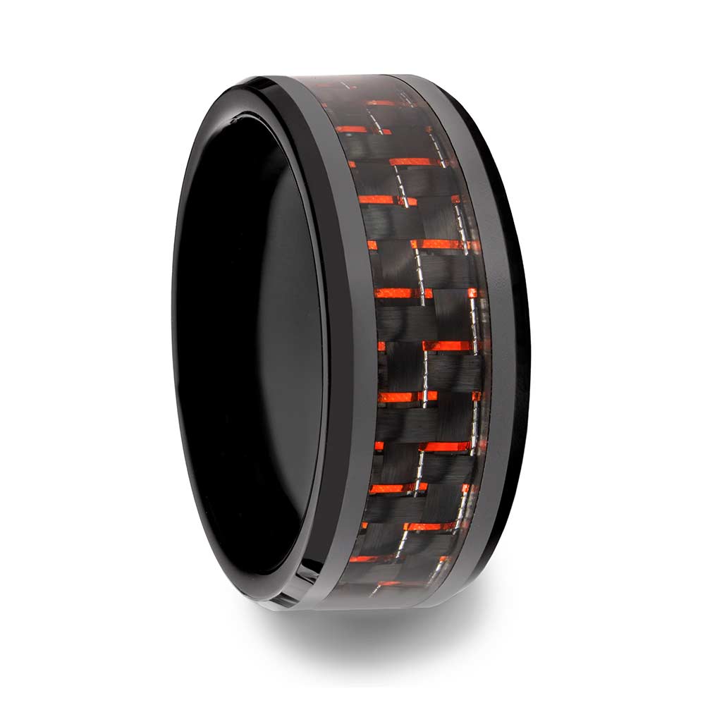 Black & Red Carbon Fiber Inlaid Ceramic Couple's Matching Wedding Band Set