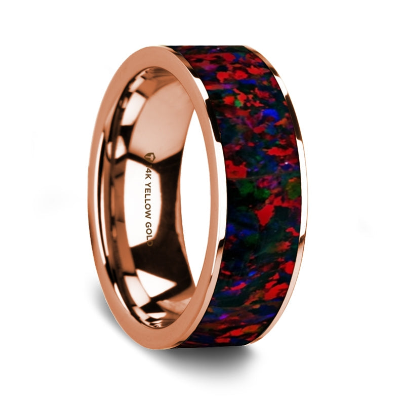 Black & Red Opal Inlay 14k Rose Gold Men's Wedding Band