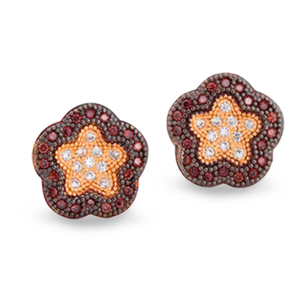 A black rhodium & sterling silver flower earrings with brown & white simulated diamonds displayed on a neutral white background.