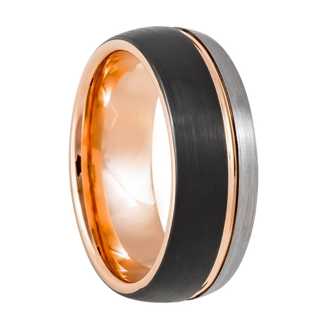 Black & Rose Gold Asymmetrical Grooved Tungsten Men's Wedding Band