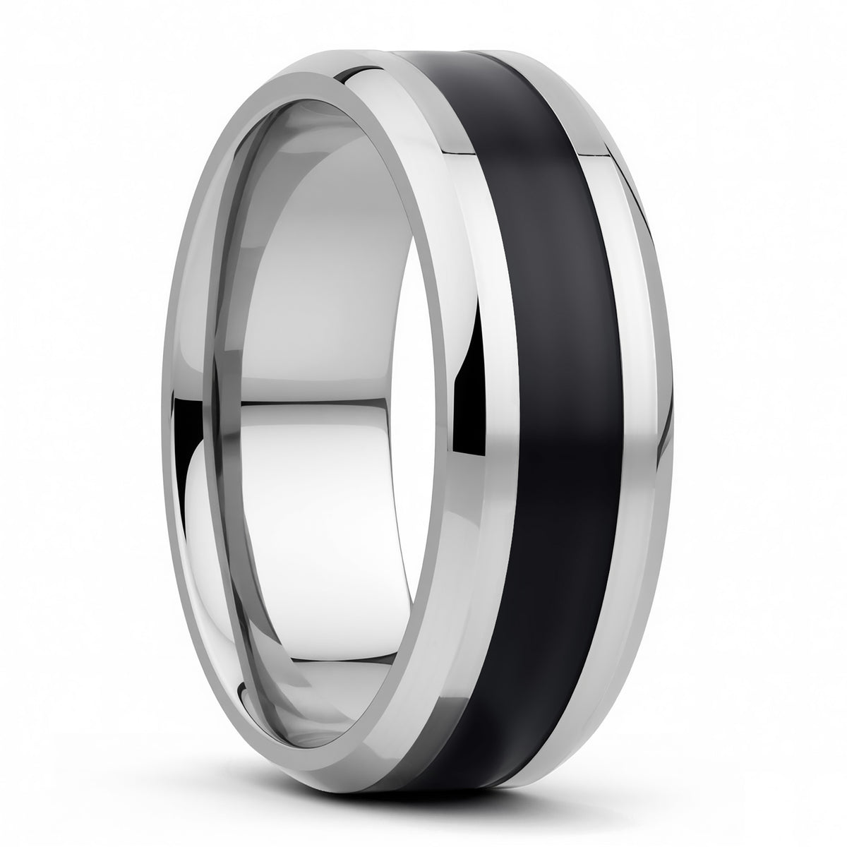 Black Stripe Inlay Titanium Wedding Band with Beveled Edges