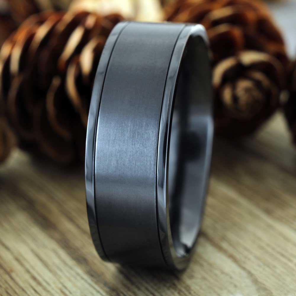 Black Titanium Couple's Matching Wedding Band Set with Dual Grooves