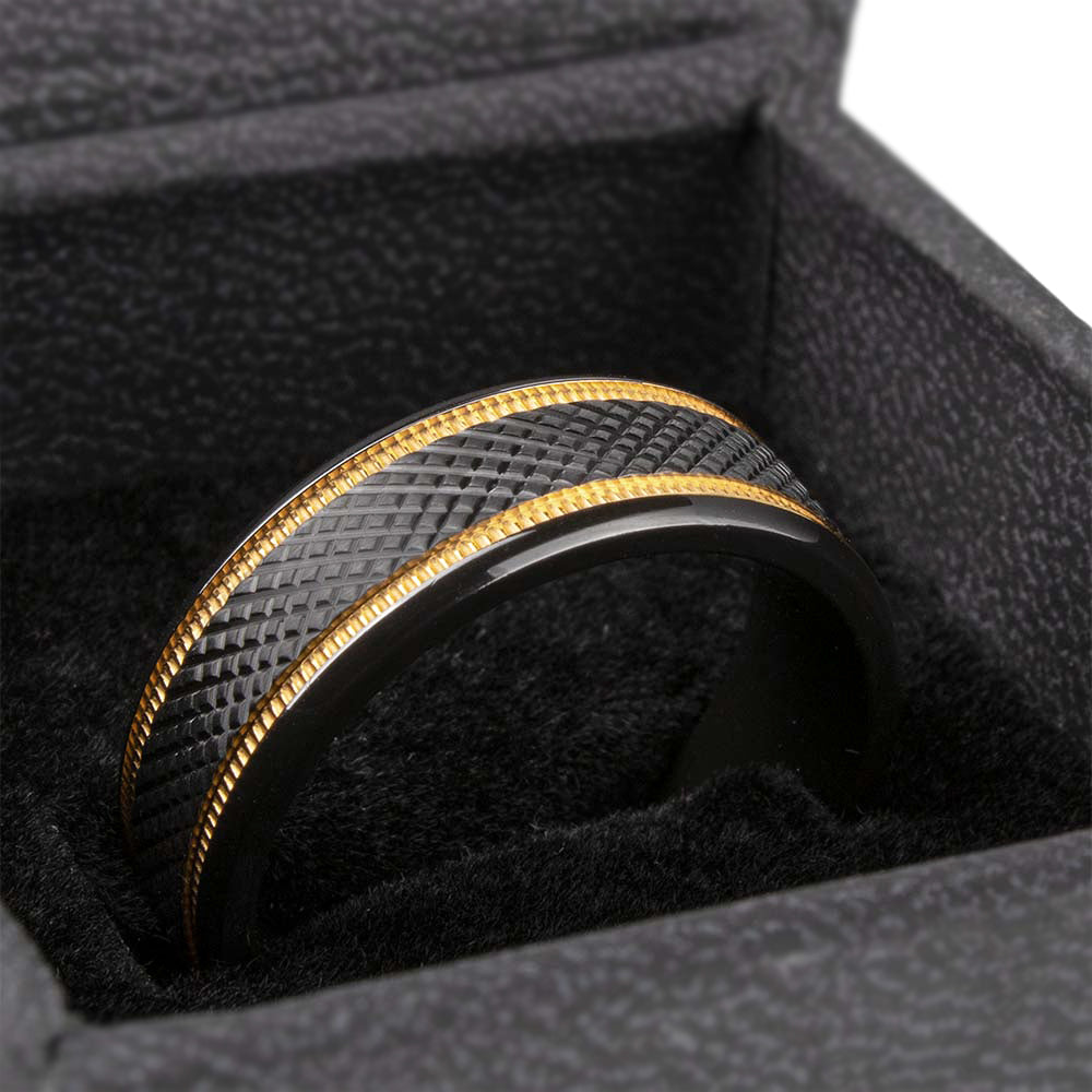 Black Titanium Diamond Patterned Men's Wedding Band with Gold Milgrain Grooves