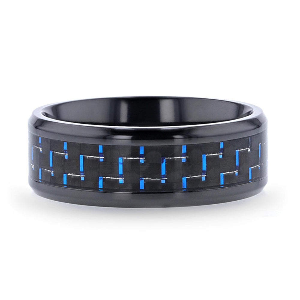 Black Titanium Men's Wedding Band with Blue & Black Carbon Fiber Inlay