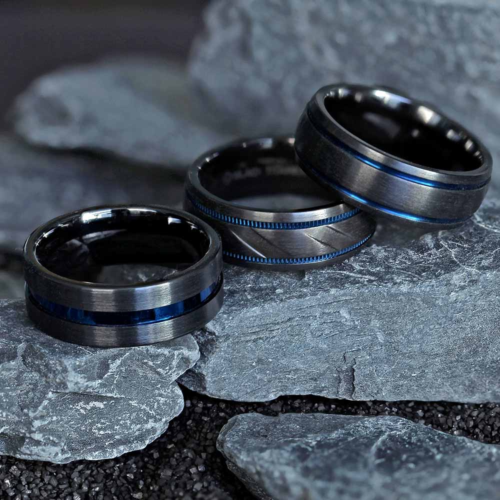 Black Titanium Men's Wedding Band with Blue Grooves