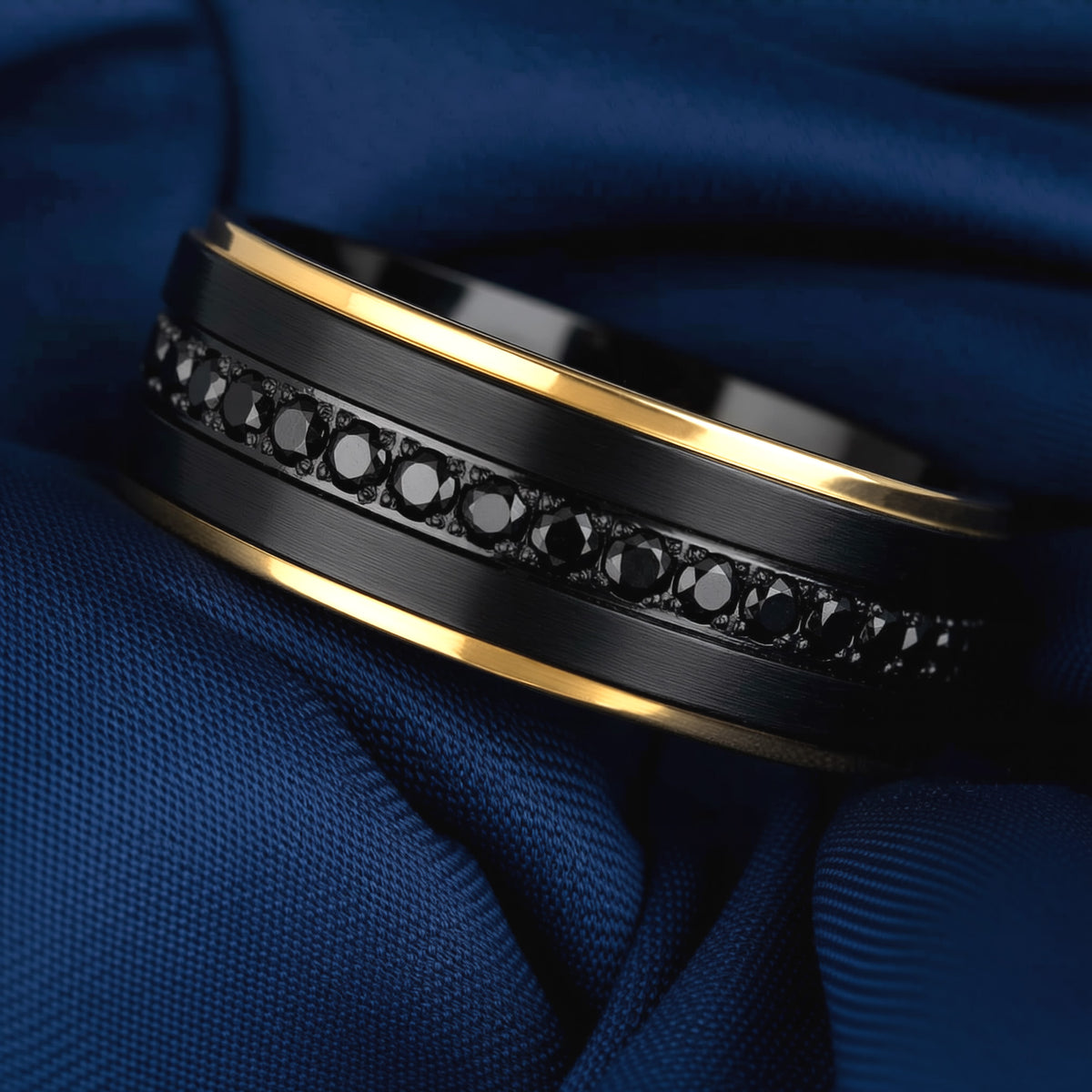 Black Titanium Men's Wedding Band with Yellow Gold Edges & Sapphires