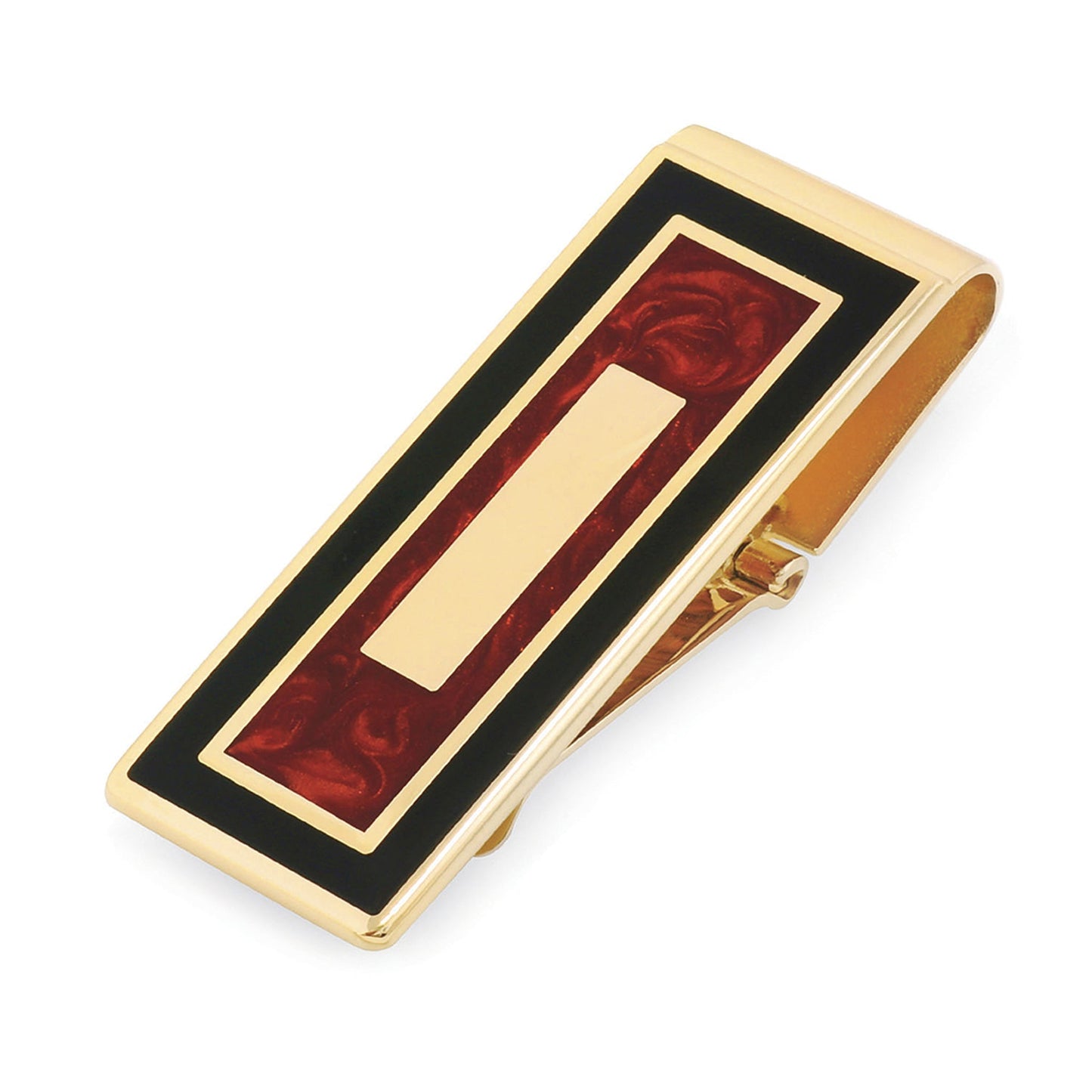 A black & tortoise hinged money clip displayed on a neutral white background.