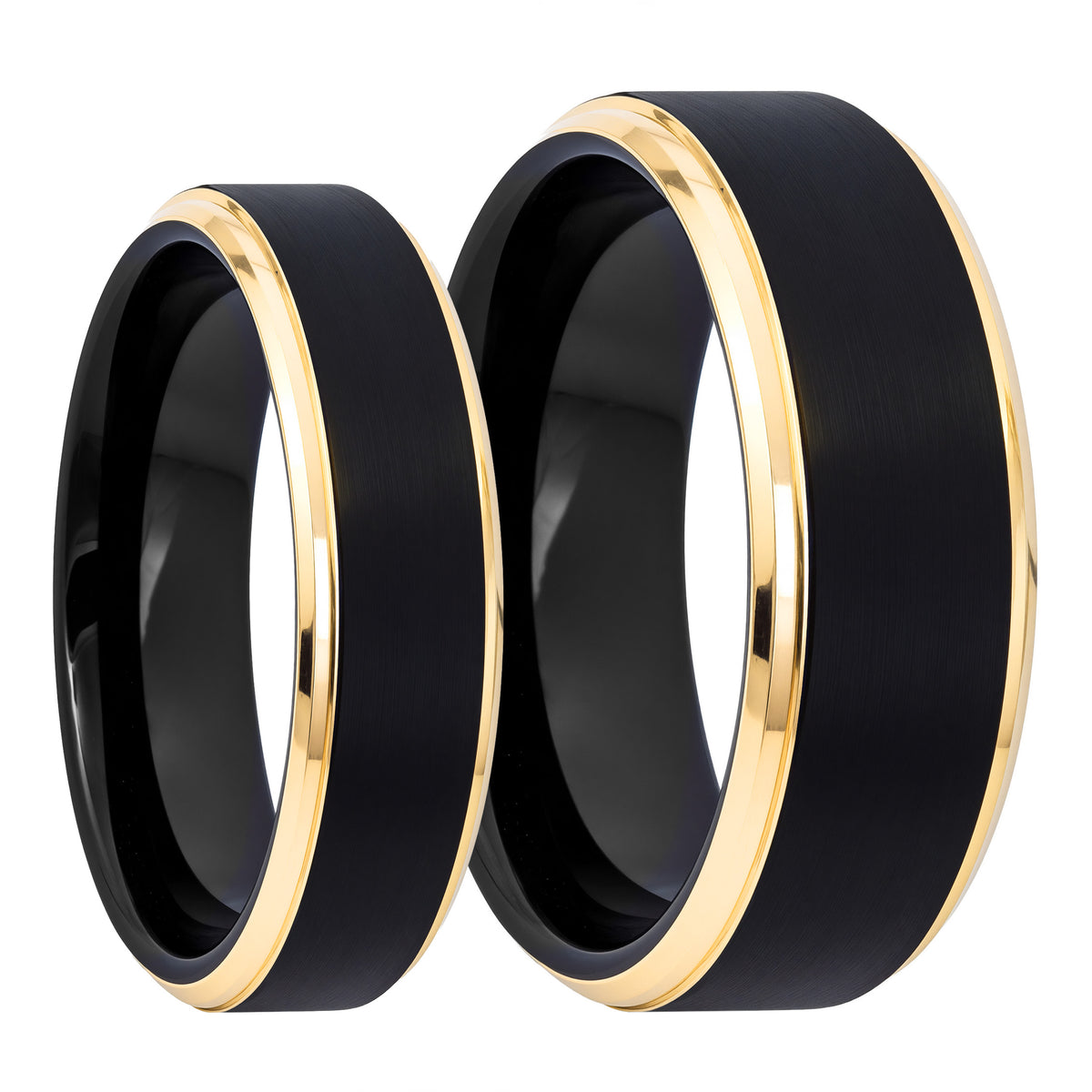 Black Tungsten Couple's Matching Wedding Band Set with Stepped Gold Edges