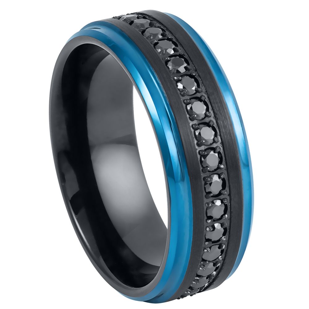 Black Tungsten Men's Wedding Band with Black Cubic Zirconia & Blue Edges