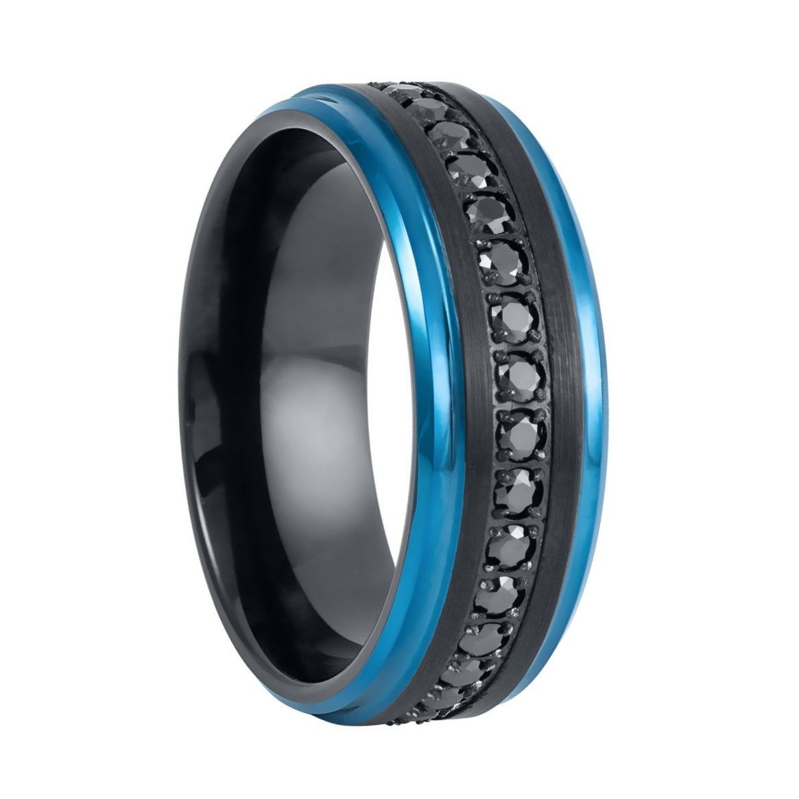 Black Tungsten Men's Wedding Band with Black Cubic Zirconia & Blue Edges