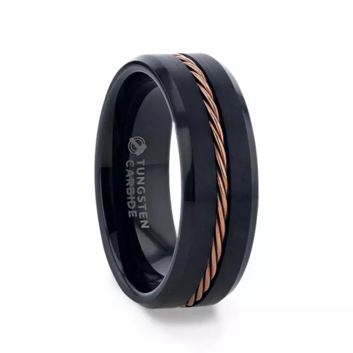 Black Tungsten Men's Ring with Braided Rose Gold