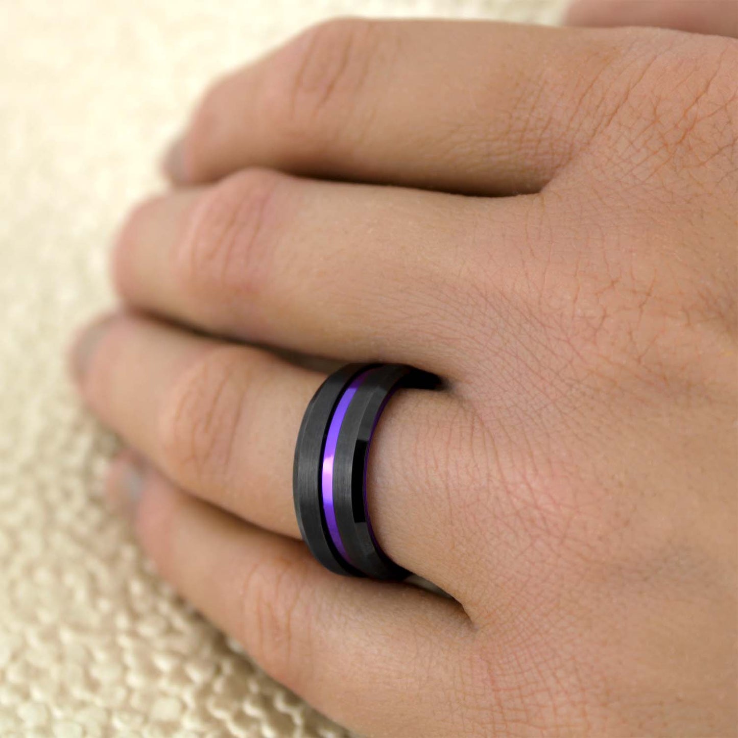 Black Tungsten Men's Wedding Band with Purple Groove