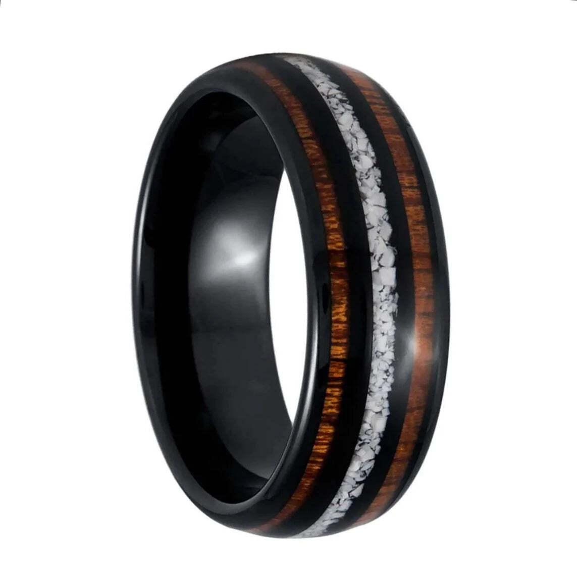 Black Tungsten Men's Wedding Band with Koa Wood & White Turquoise Inlay