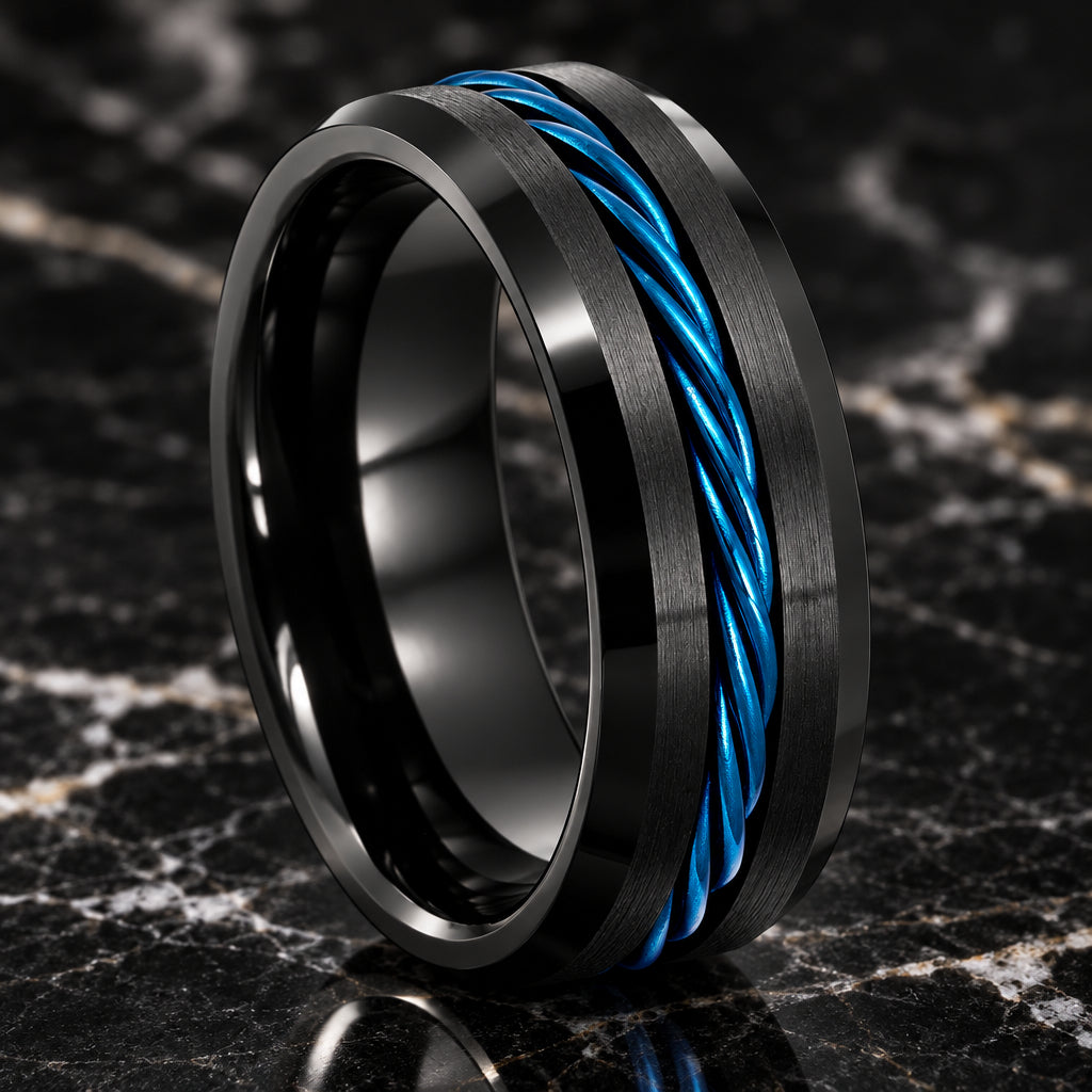 Black Tungsten Wedding Band with Blue Twisted Cable Inlay