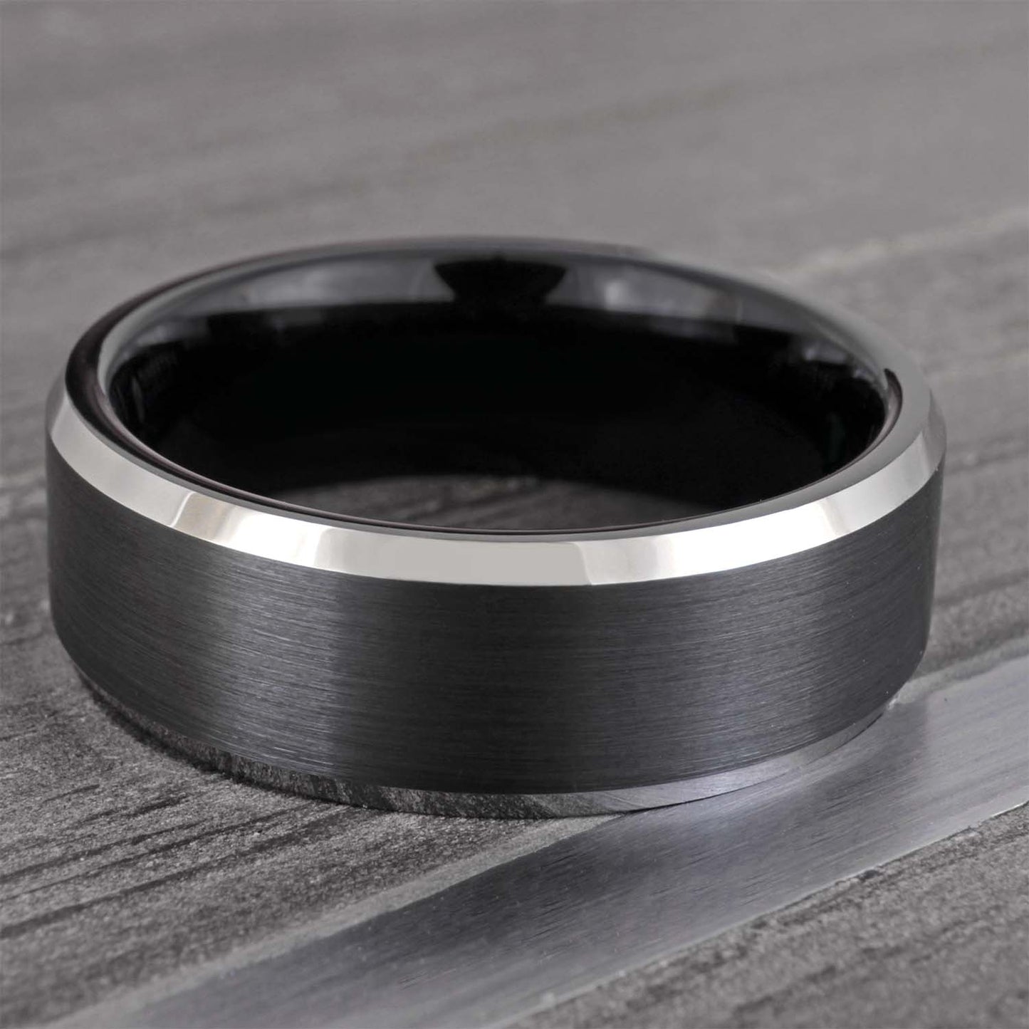 Black Tungsten Wedding Band with Contrasting Silver Edges