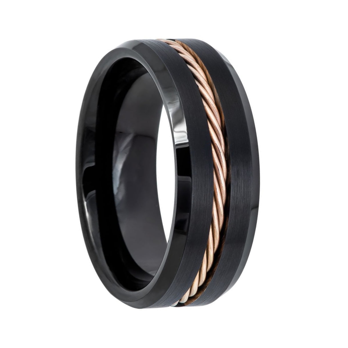 Black Tungsten Wedding Band with Rose Gold Twisted Cable Inlay