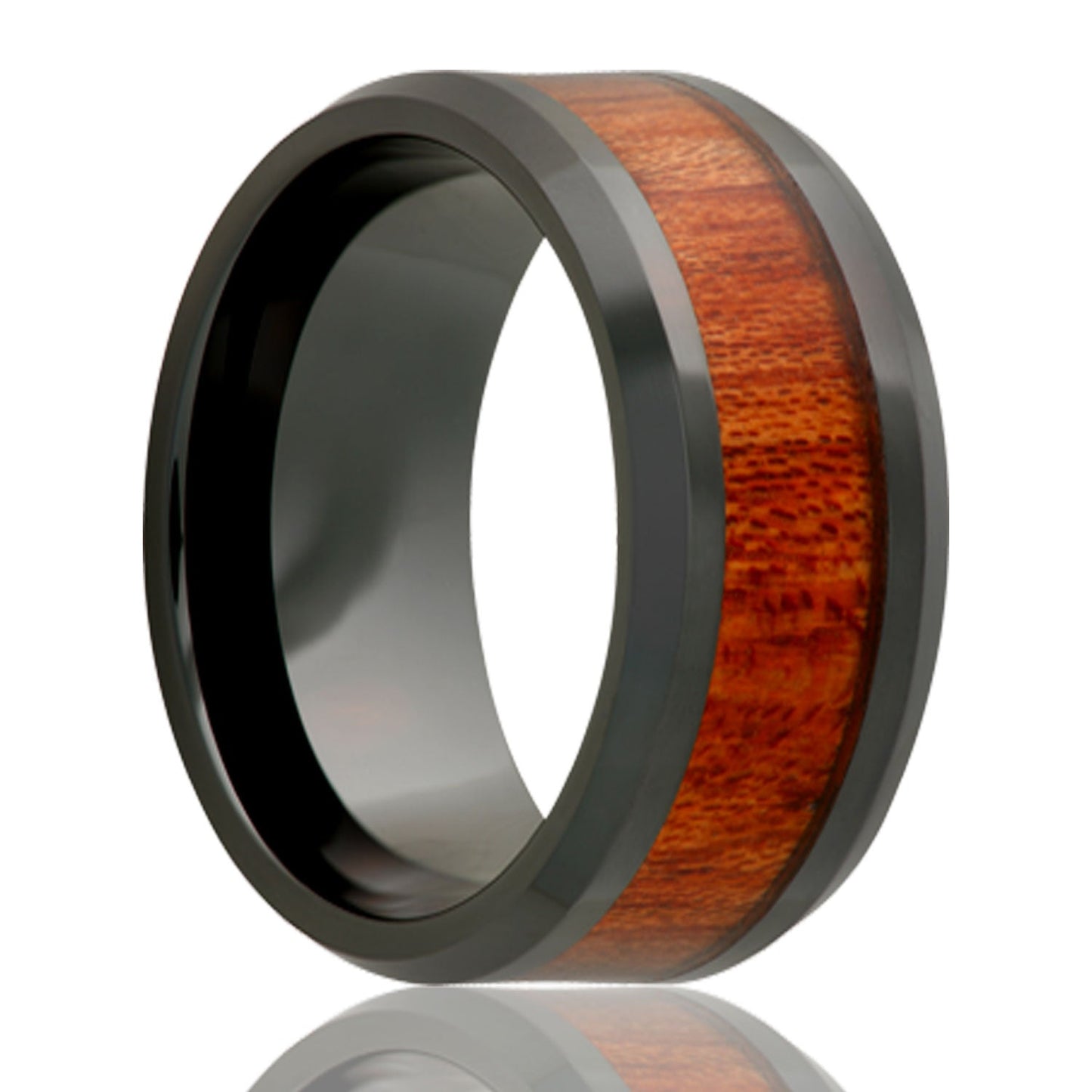 Blood Wood Inlay Ceramic Wedding Band with Beveled Edges