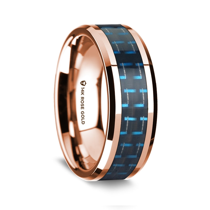 Blue & Black Carbon Fiber Inlay 14k Rose Gold Men's Wedding Band