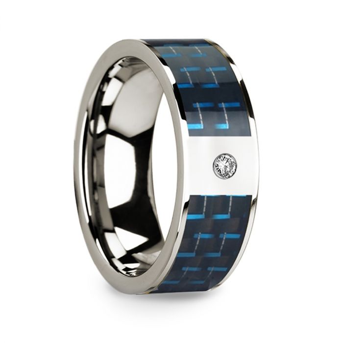 Blue & Black Carbon Fiber Inlay and Diamond 14k White Gold Men's Wedding Band