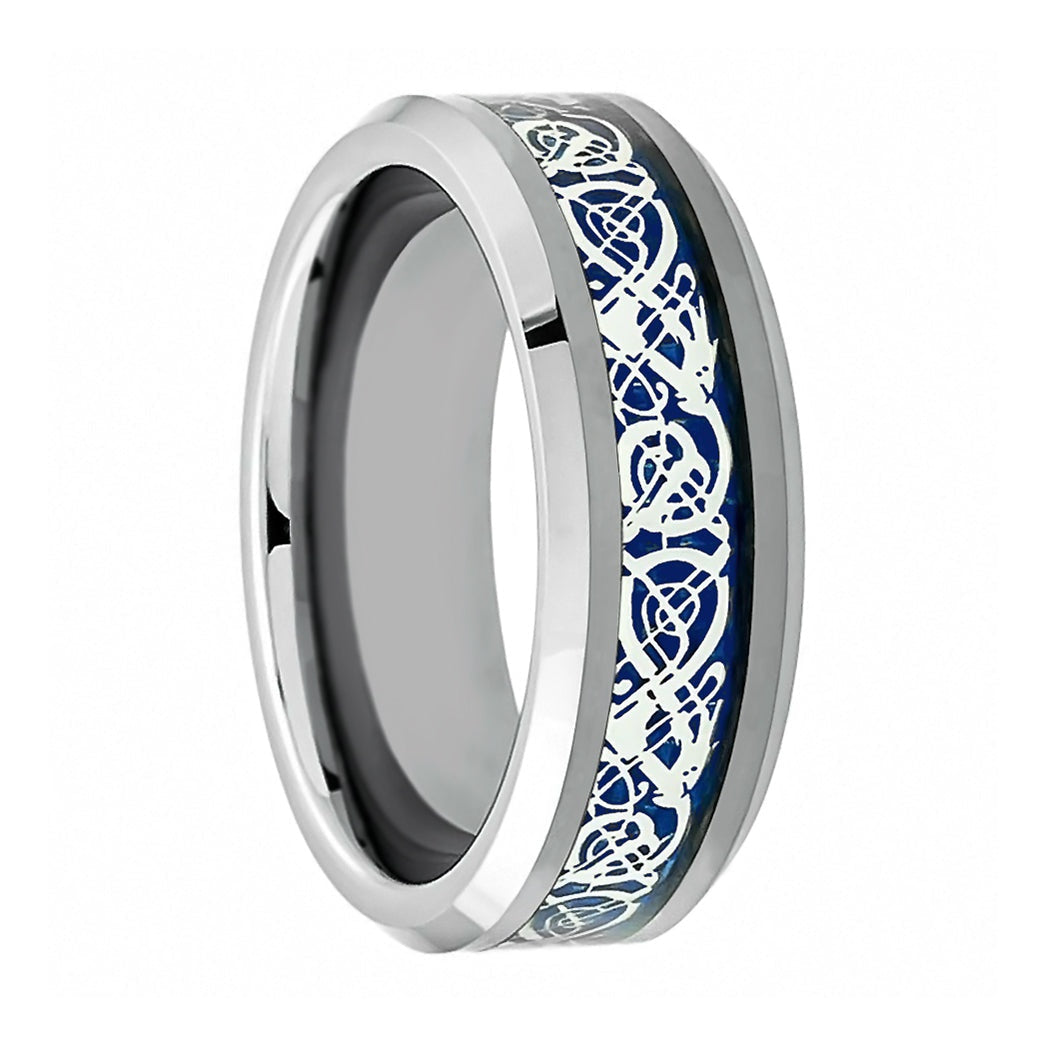 Blue Celtic Dragon Inlay Tungsten Men's Wedding Band