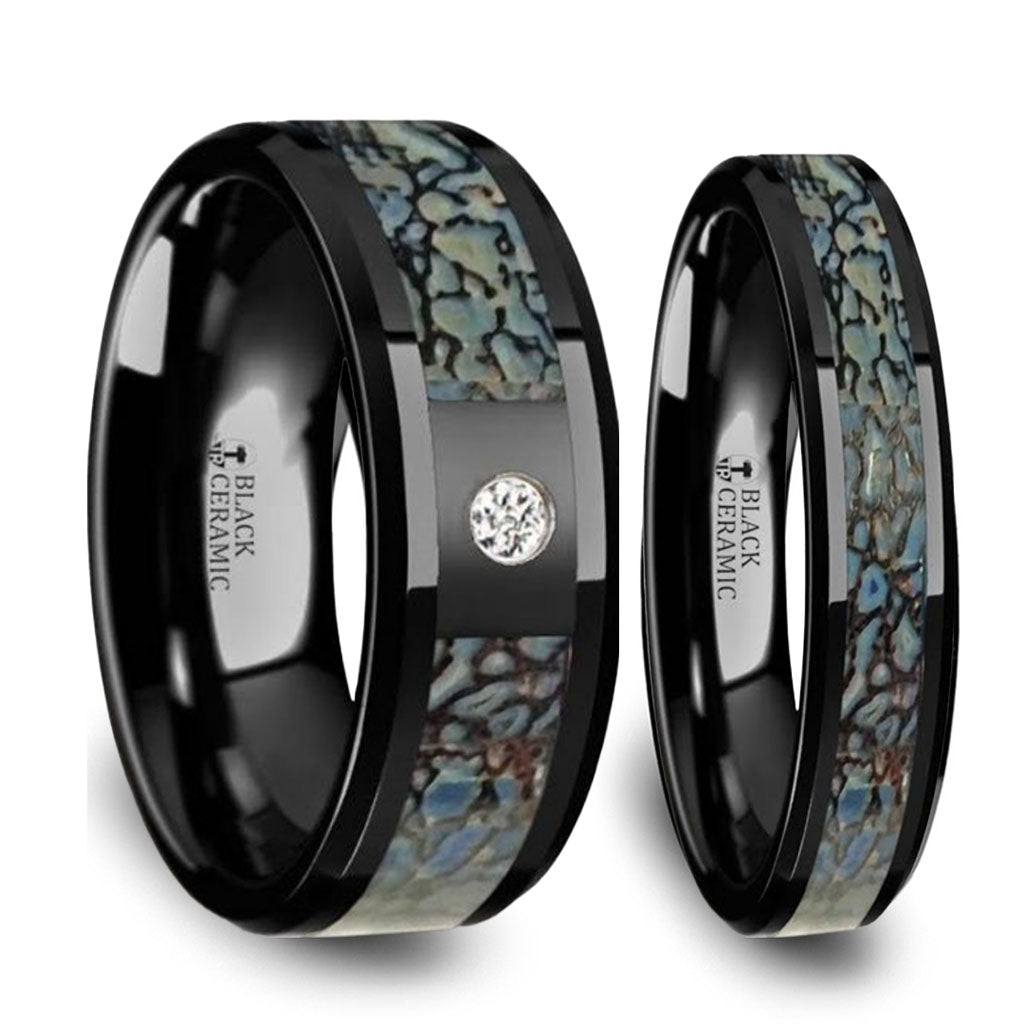 Blue Dinosaur Bone Inlay Black Ceramic Couple's Matching Wedding Band Set