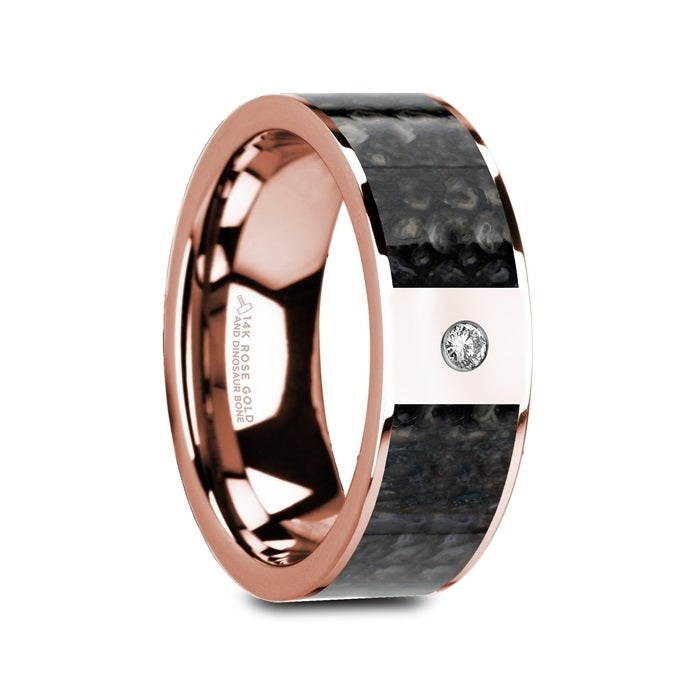 Blue Dinosaur Bone Inlay & Diamond 14k Rose Gold Men's Wedding Band
