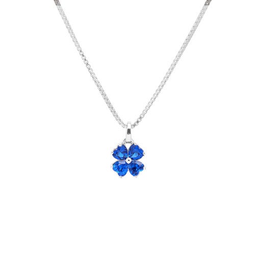 A blue flower gemstone simulated diamond necklace displayed on a neutral white background.