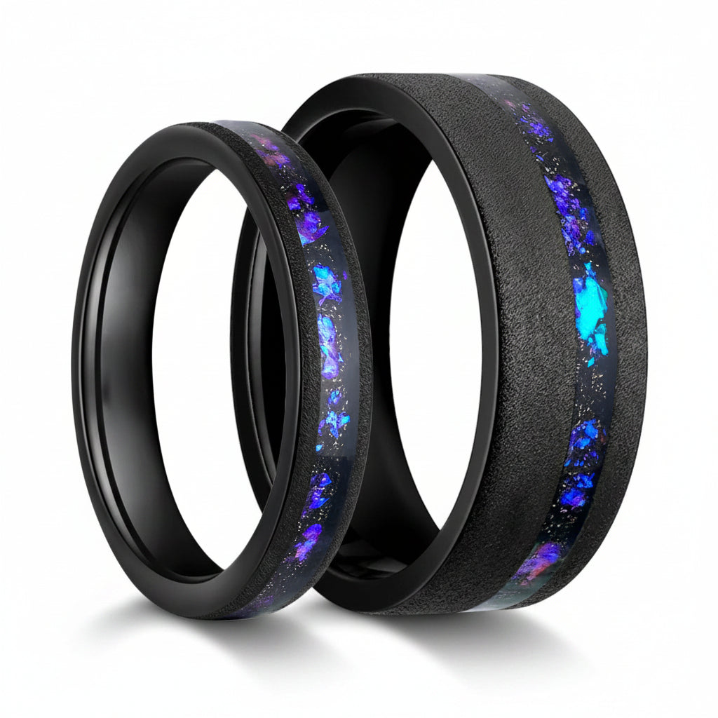 Blue Galaxy Inlay Asymmetrical Black Tungsten Couple's Matching Wedding Band Set