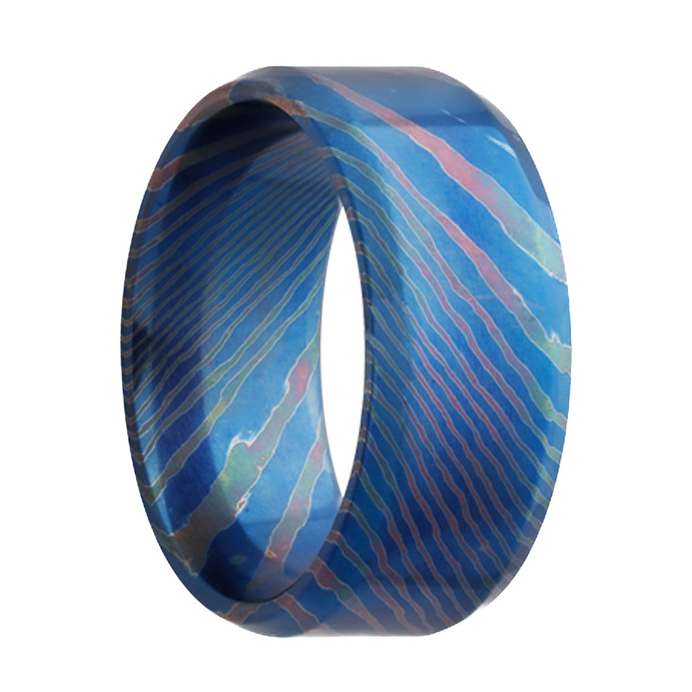 Blue Mokume Gane Style Titanium Men's Wedding Band with Beveled Edges