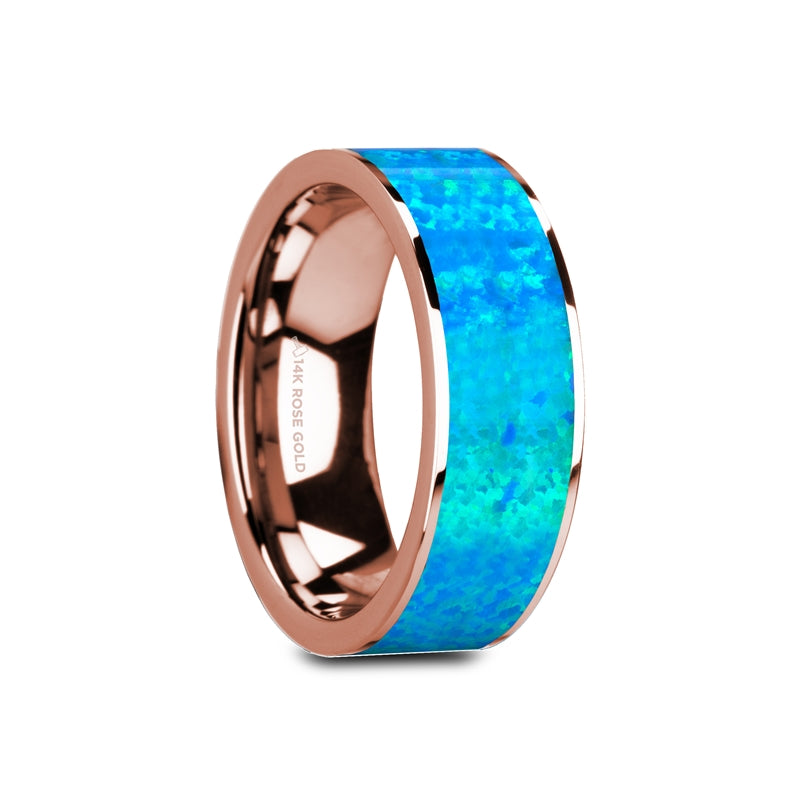 Blue Opal Inlay 14k Rose Gold Men's Wedding Band