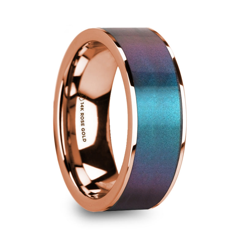 Blue & Purple Color Changing Inlay 14k Rose Gold Men's Wedding Band