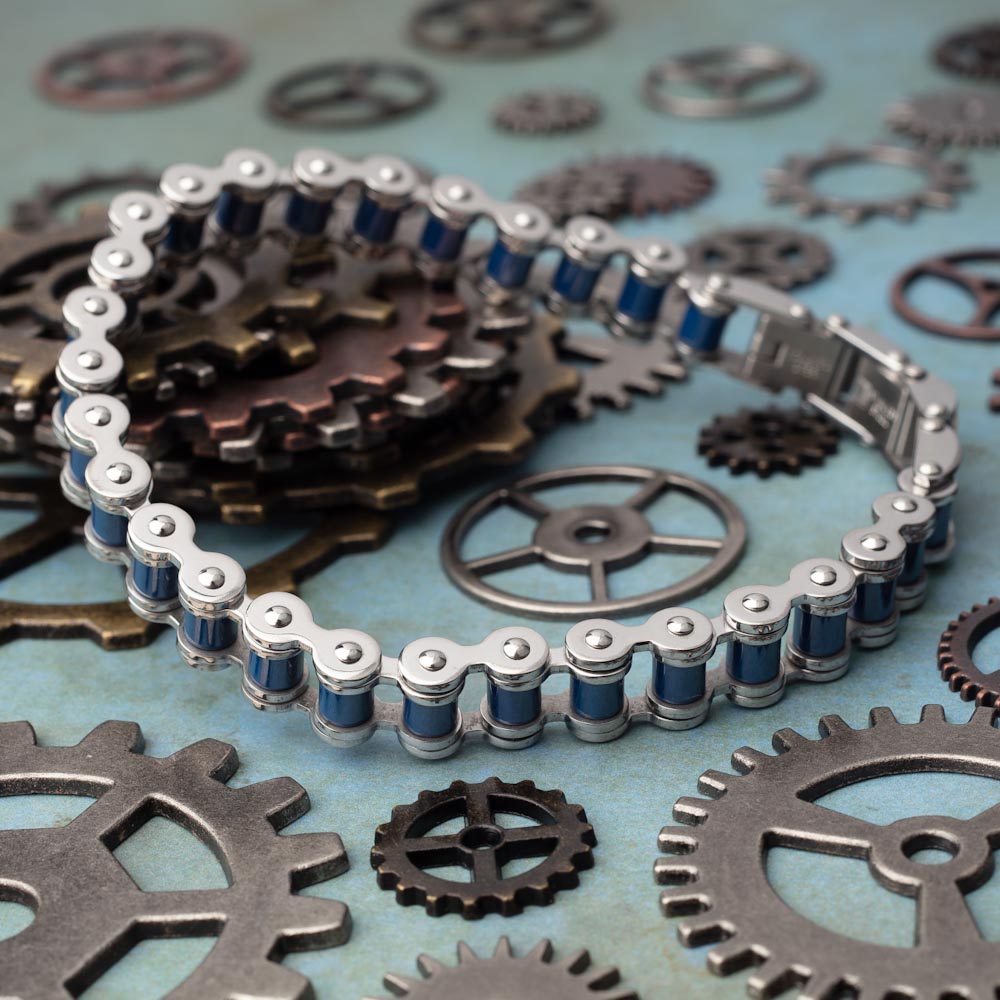 Blue & Silver Stainless Steel Biker Chain Bracelet