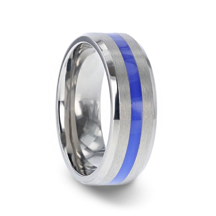 8mm Blue Stripe Titanium Wedding Band
