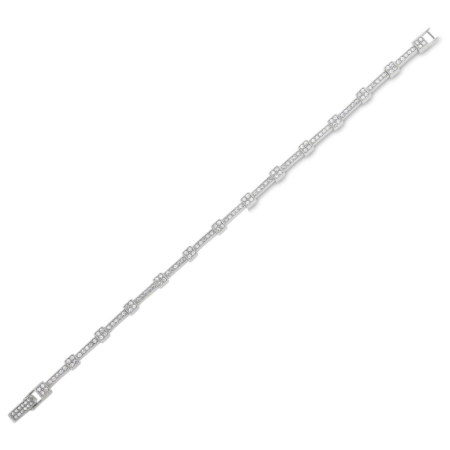 A bracelet with simulated diamonds displayed on a neutral white background.