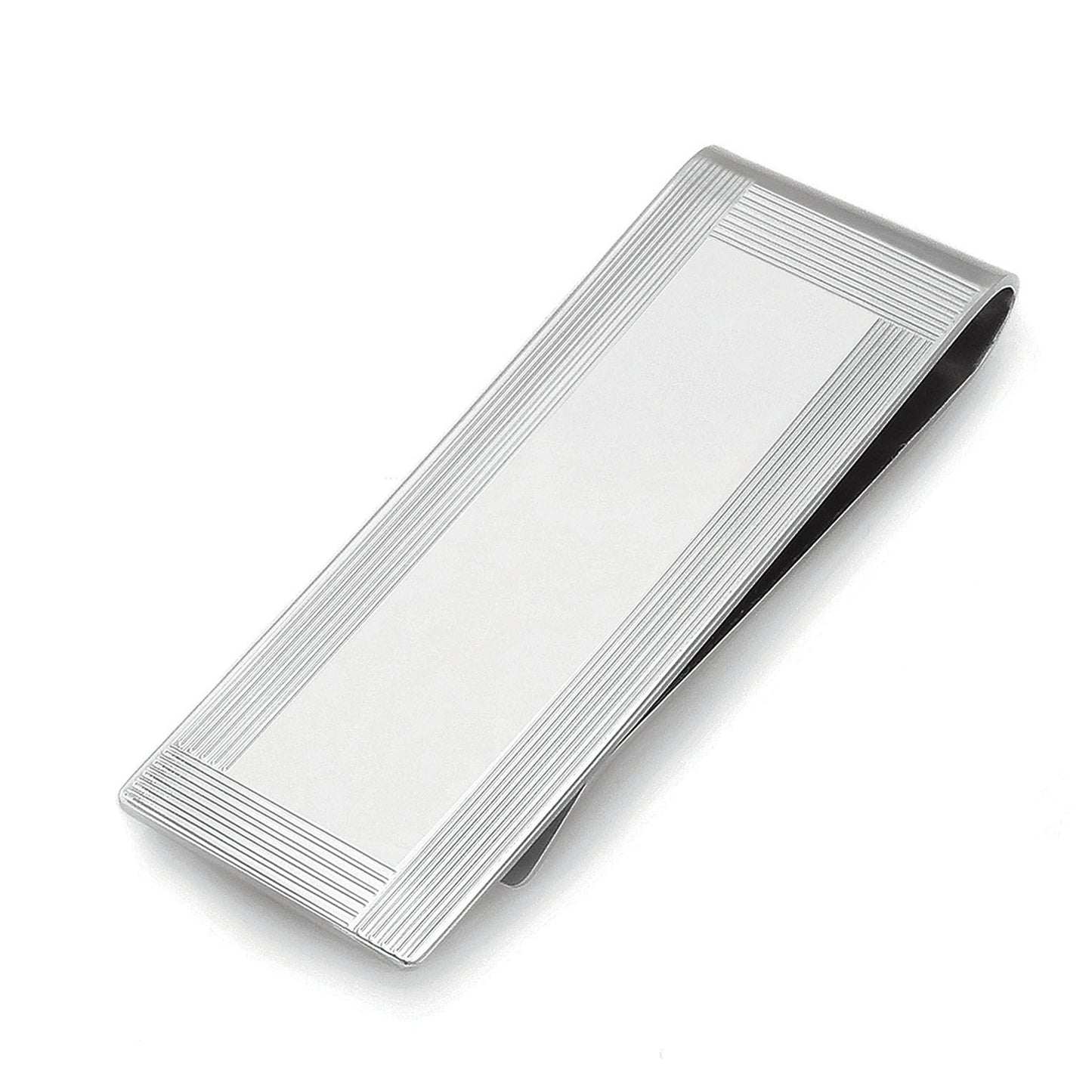 A engine turned brite money clip displayed on a neutral white background.