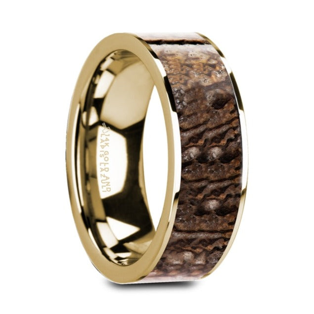 Brown Dinosaur Bone Inlay 14k Yellow Gold Men's Wedding Band