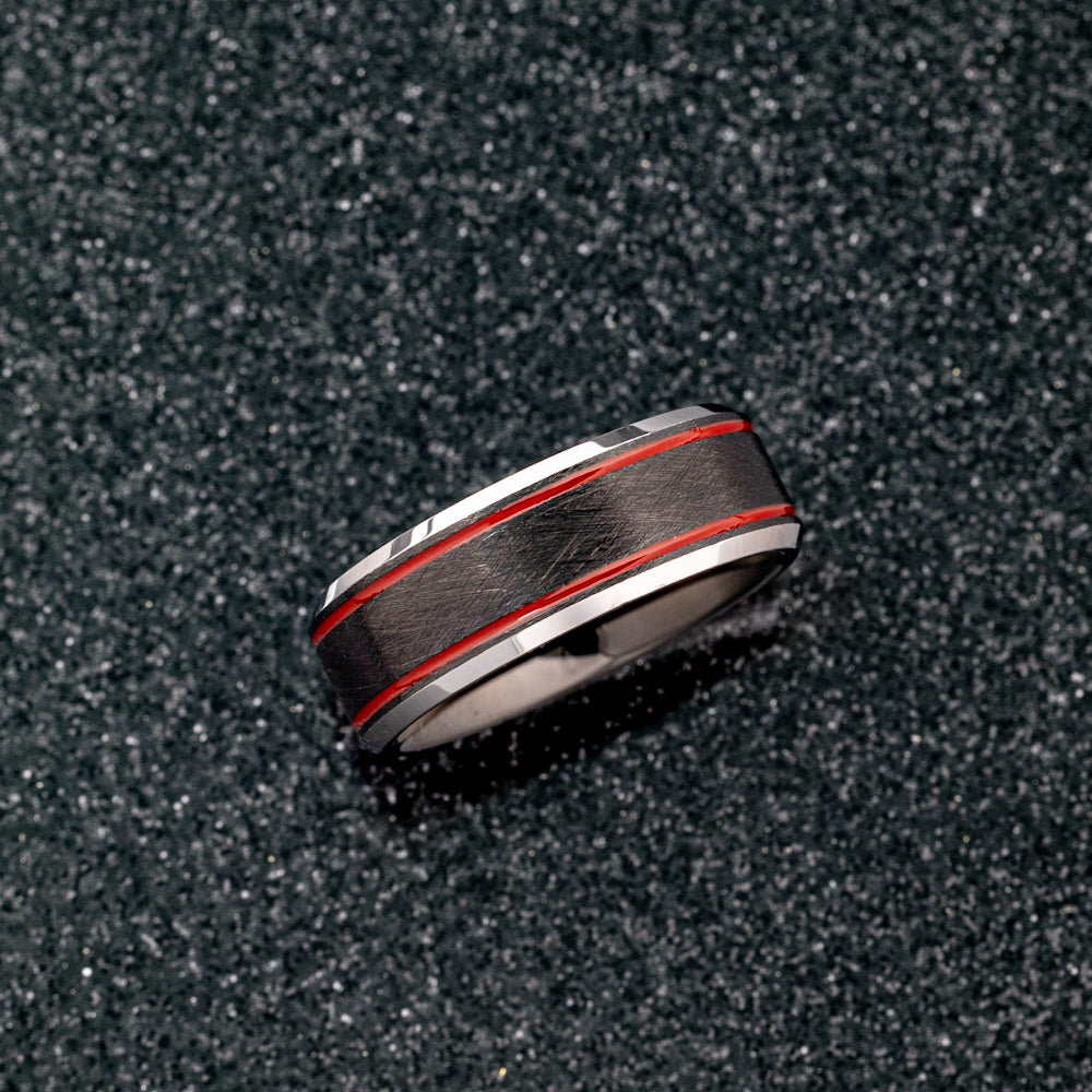 Brushed Tungsten Couple's Matching Wedding Band Set with Dual Red Grooves