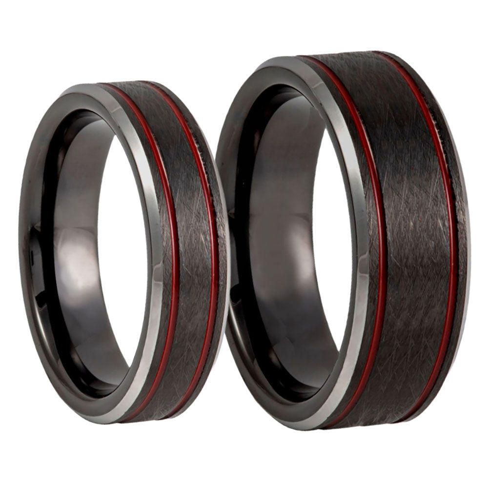 Brushed Tungsten Couple's Wedding Ring Set with Red Grooves