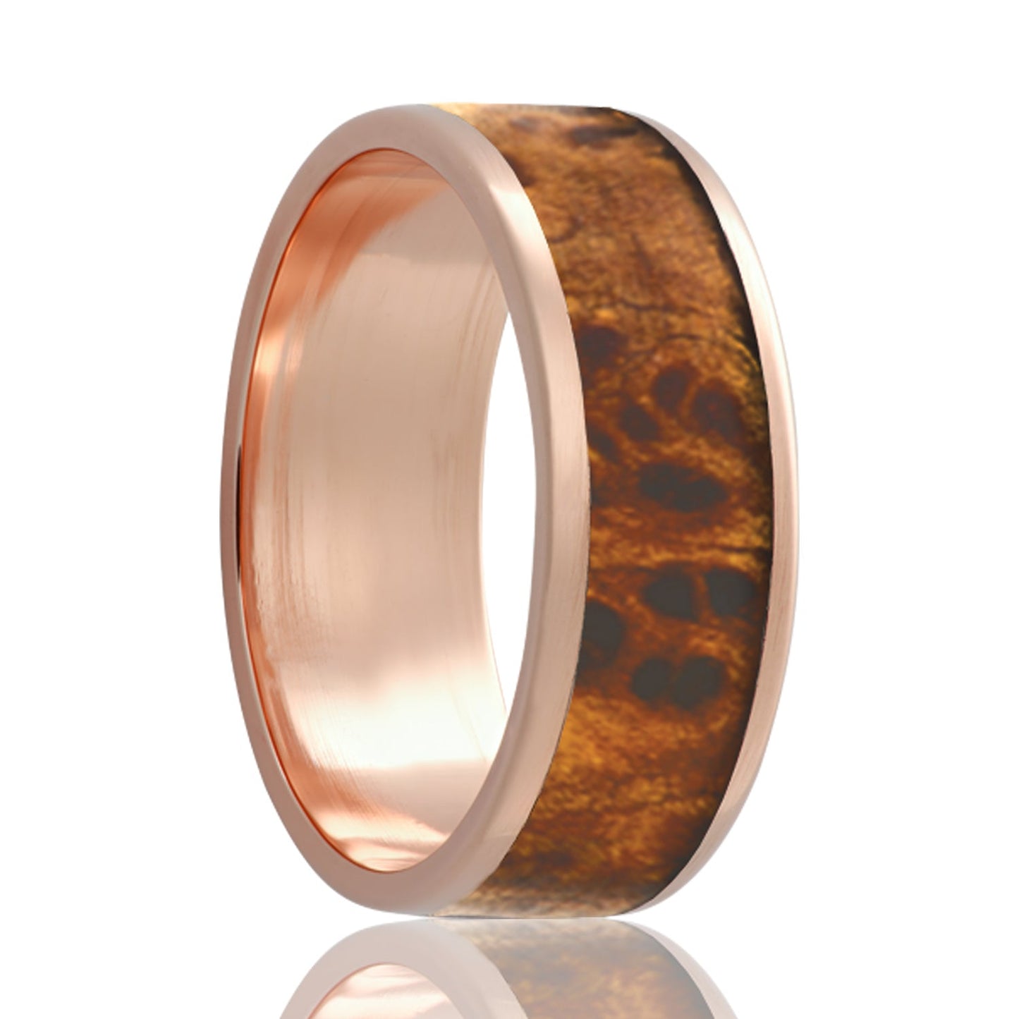Burl Wood Inlay 14k Rose Gold Wedding Band